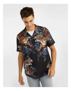 Tiger King Viscose Print Shirt In Black