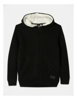Knitted Sherpa Lined Zip Thru Jumper In Black