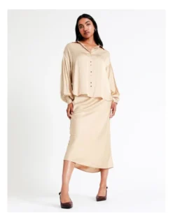 Basque Pintuck Cuff Recycled Bruised Poly Satin Shirt In Beige