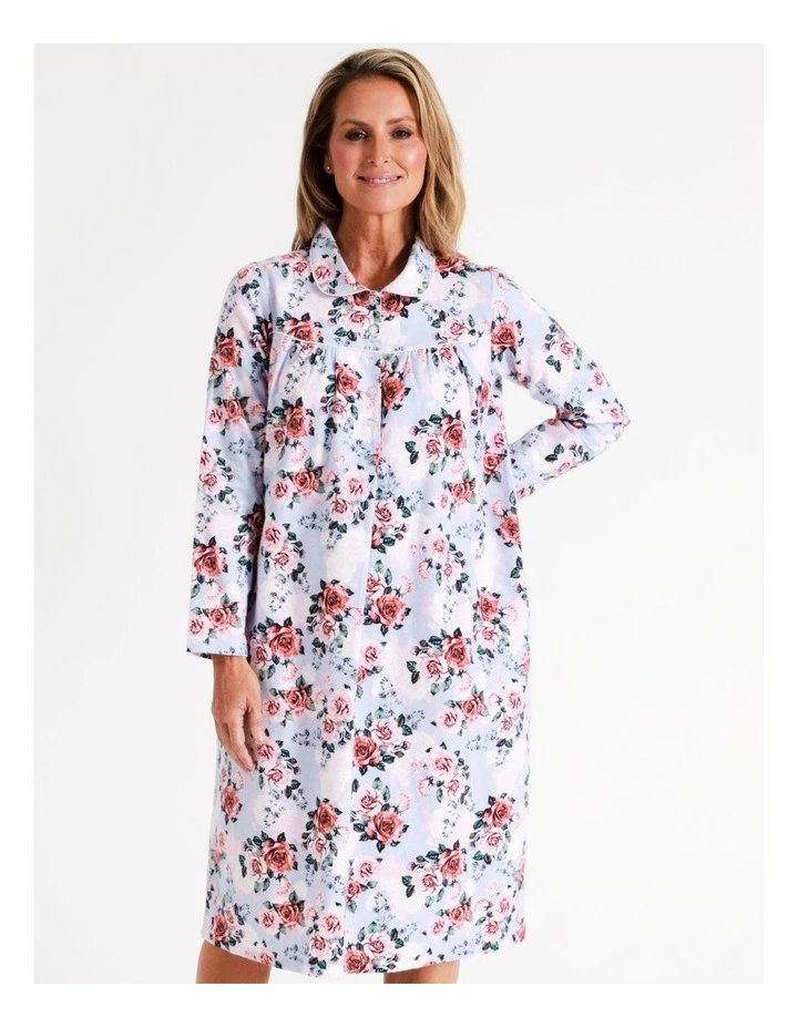 SOHO Timeless Flannelette Mid Length Nightie In Blue Roses