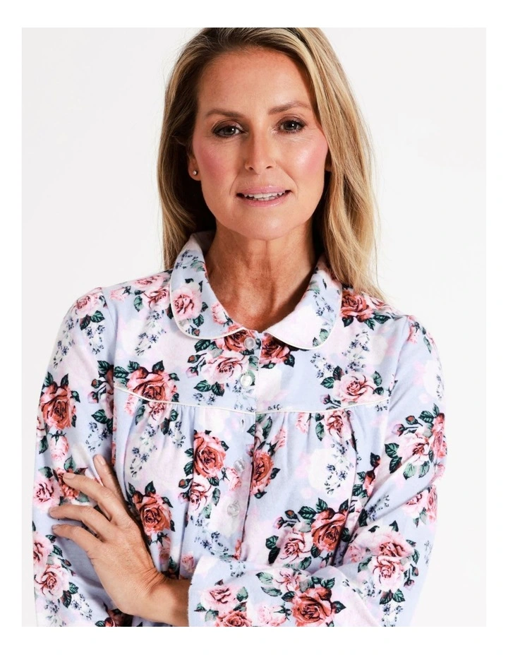 SOHO Timeless Flannelette Mid Length Nightie In Blue Roses - Image 2