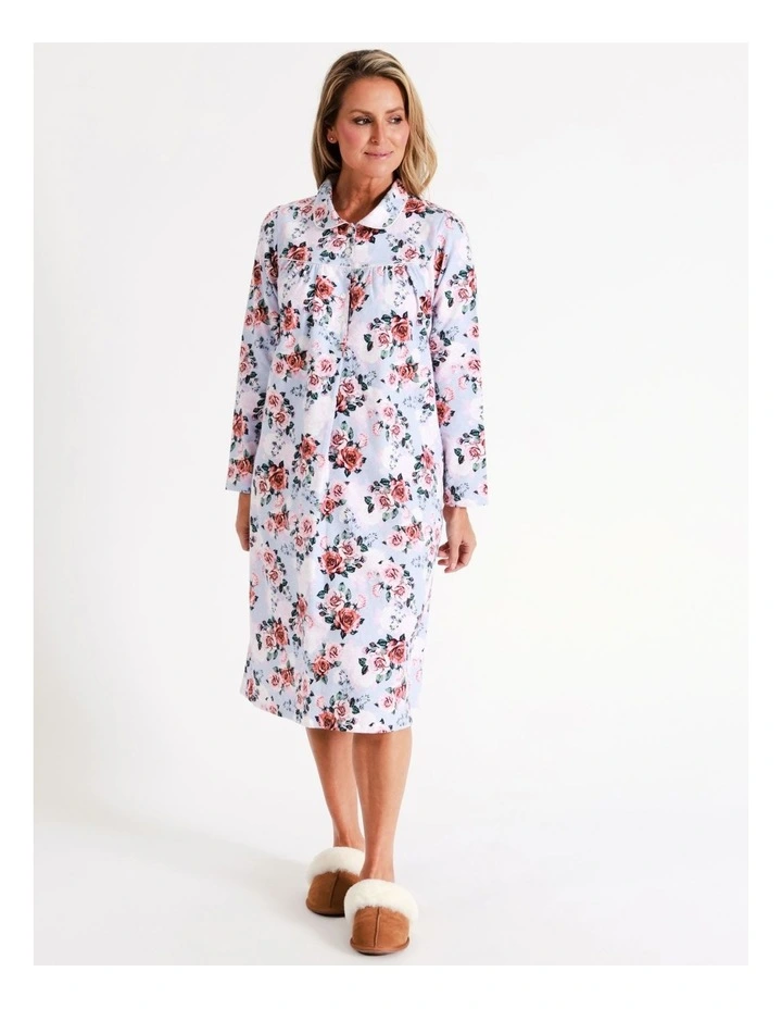 SOHO Timeless Flannelette Mid Length Nightie In Blue Roses - Image 3