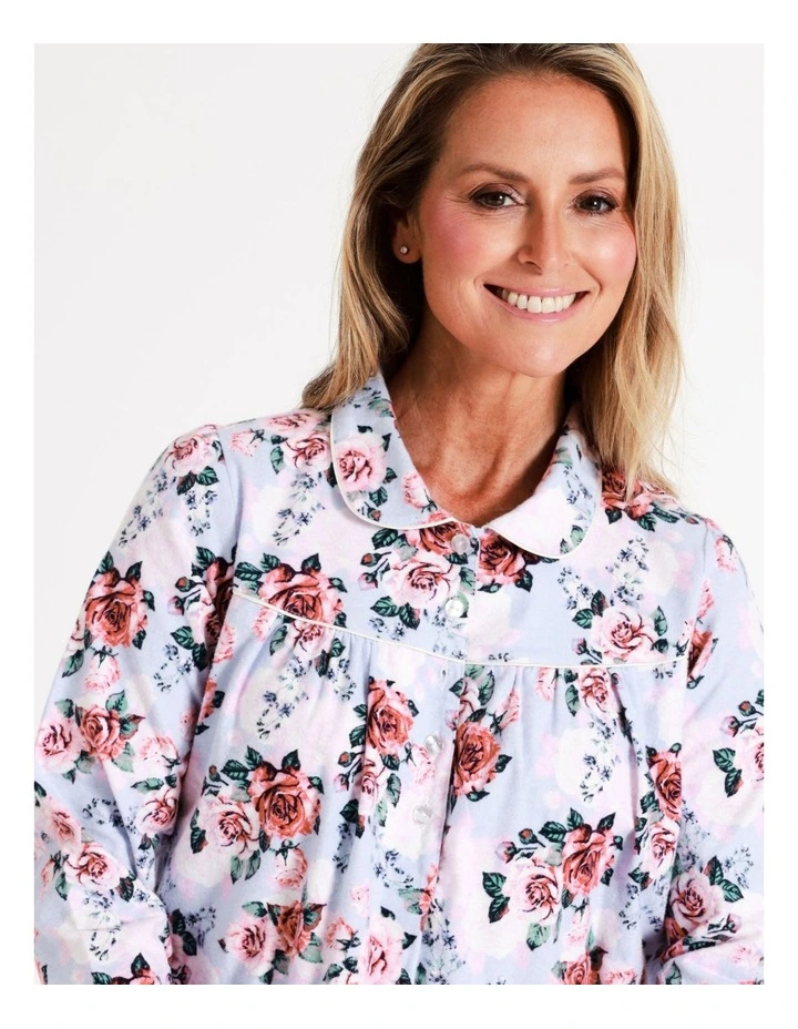 SOHO Timeless Flannelette Mid Length Nightie In Blue Roses - Image 5