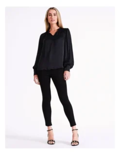 Basque Recycled Bruised Poly Satin V Neck Pop Over Blouse In Black